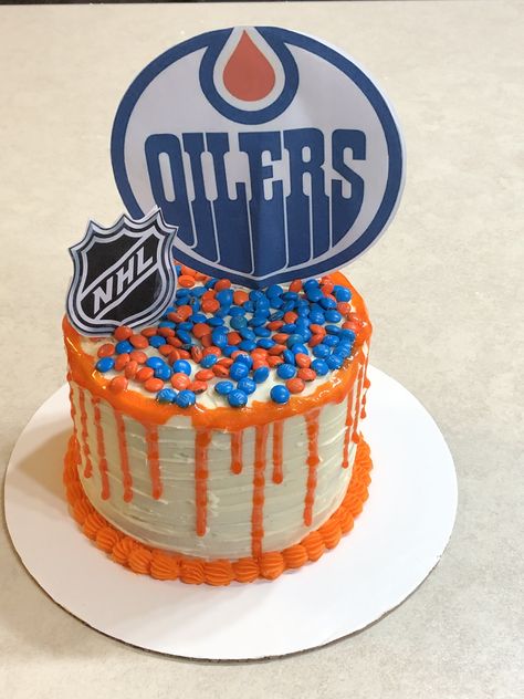 Edmonton Oilers Cake, Oilers Cake Birthdays, Oilers Birthday Party, Hockey Themed Cake, Oilers Cake, Hockey Birthday Cake, Hockey Birthday Party, Hockey Cake, Hockey Cakes