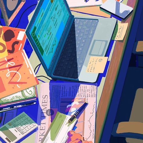 Folio Art on Instagram: “New artwork from @rebeccamock for @bloomberg . . . . #stilllife #workspace #illustration #editorial #rebeccamock #folioart #folioartists” Retro Computer Illustration, Workspace Illustration, Working At Desk Illustration, Laptop Illustration, Illustration Computer, Human Computer Interaction Illustration, Working On Laptop Illustration, Computer Illustration, Poster Graphics