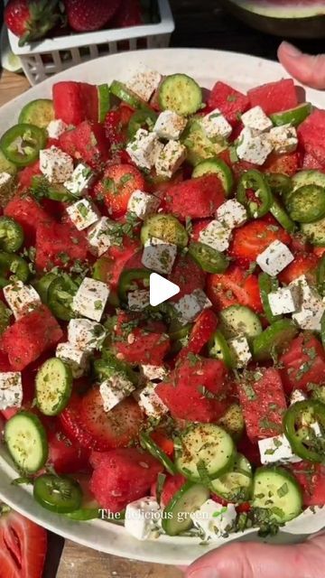 the delicious green🌱 on Instagram: "Watermelon Cucumber Feta Salad 🍉🥒 Nothing beats this refreshing salad on a hot summer day!   This salad is made with watermelon, strawberries, cucumber, jalapeños (they’re optional, but I love them!), salty feta, lots of lime juice and zest, honey, salt, and mint.   Sometimes I also top it with a sprinkle of chili powder for an extra kick, but it’s delicious either way!  This recipe is perfect for Memorial Day weekend – it’s always a crowd pleaser!   It’s best served fresh, so keep all of your fruit nice and cold until just before slicing and serving. You can chill it in the fridge for an hour or so without it getting too soggy.  RECIPE 👇  Watermelon Cucumber Feta Salad 🍉🥒   Serves 4-6   Ingredients  2-4 cups cubed watermelon (depending on how wate Watermelon Cucumber Feta Salad, Cucumber Feta Salad, Refreshing Salad, Watermelon Salad, Feta Salad, Memorial Day Weekend, Lime Zest, Fresh Mint, Green Salad