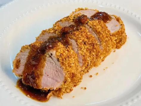 Panko-Crusted Pork Tenderloin with Fig Glaze Fig Glaze, Crusted Pork Tenderloin, Fig Butter, Roasting Times, Tenderloin Recipes, Pork Tenderloin Recipes, Herbs De Provence, Glaze Recipe, Pork Tenderloin