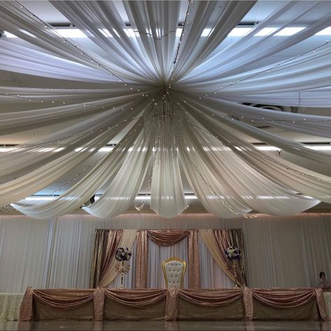 Wedding Ceiling Decorations, Sweet 15 Party Ideas Quinceanera, Sweet 15 Party Ideas, Wedding Ceiling, Ceiling Draping, Function Hall, Party Hall, White Drapes, Barn Decor