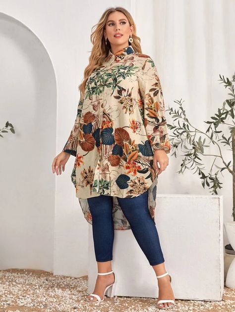 Denim Top Women, Stylish Kurtis Design, Simple Kurta Designs, Trendy Shirt Designs, Trendy Fashion Tops, Plus Size Kleidung, Print Tunic, Tunic Blouse, Outfits Summer