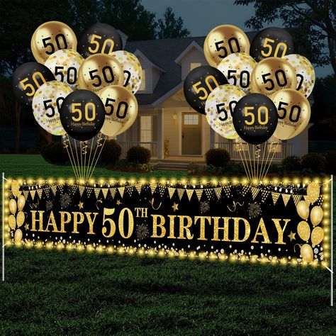 PRICES MAY VARY. 🖤Black Gold Birthday Decor: The 50th birthday banner measures 118 x 19.6 inches and is designed with the words "HAPPY 50th BIRTHDAY", paired with build in lights, this black and gold 50th birthday decorations will make your party eye-catching and wonderful. The Black and Gold Happy 50th Birthday Banner Yard Signs make your 50th birthday party elegant and add to the ambience for photos of you and your friends ✨50th Birthday Decorations set: You will get a black and gold 50th bir Birthday Party Decorations For Men, 50th Birthday Party Themes, Clear Balloons With Confetti, Gold Birthday Banner, 50th Birthday Banner, 50th Birthday Balloons, Birthday Decorations For Men, 50th Birthday Party Decorations, 50th Birthday Decorations