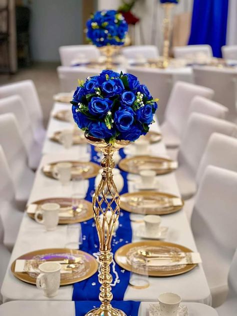 Royal Blue Gold And White Wedding Decor, Quinceanera Royal Blue Theme, Royal Blue And Gold Sweet 16 Decorations, Royal Blue And Gold Wedding Theme, Blue And Gold Party Decorations, Royal Blue Centerpieces, Quinceanera Blue, Royal Blue Wedding Theme, White Wedding Reception