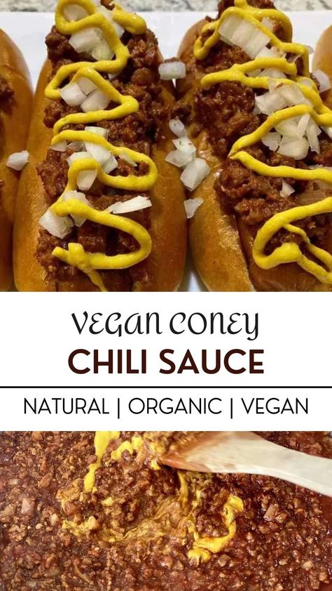 Vegan Chili Dog Sauce, Vegan Chili For Hotdogs, Vegan Coney Dog, Vegan Chili Sauce, Vegan Chili Dogs, Vegan Hot Dog Chili, Heart Snacks, Coney Dogs, Coney Sauce