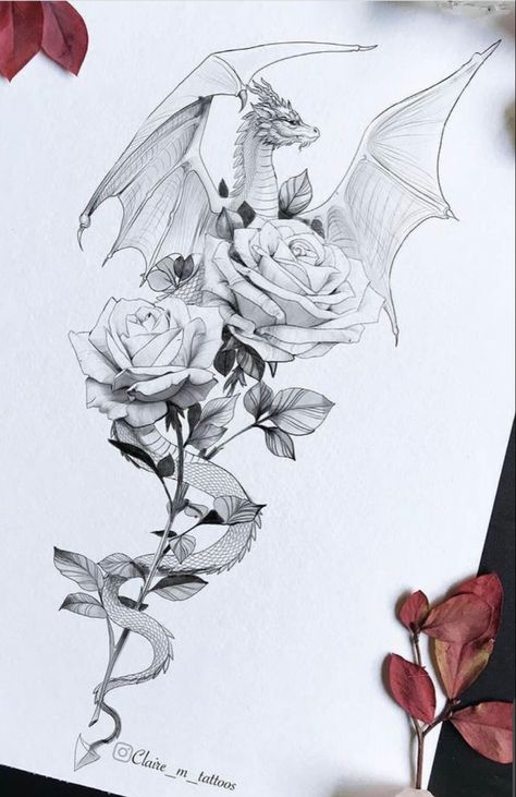 Dragon Tattoo With Flowers, Bookish Tattoos, Dragon Tattoo Art, Dragon Sleeve Tattoos, Dragon Tattoo For Women, Fantasy Tattoos, Dragon Tattoos, Dragon Sketch, Dragon Tattoo Designs