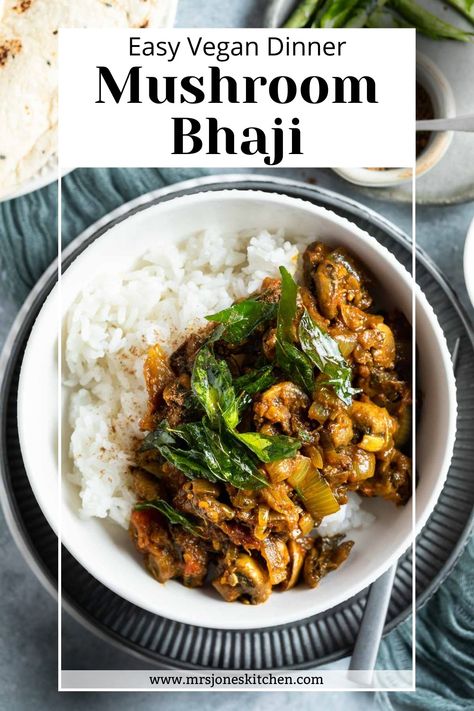 Mushroom Bhaji (Mushroom Curry) Mushroom Bhaji, Mushroom Coconut Curry, Mushroom Curry Indian Coconut Milk, Mushroom Masala Indian, Mushroom Mattar Masala, Mushroom Curry, Bhaji Recipe, Easy Vegan Dinner, Going Vegan