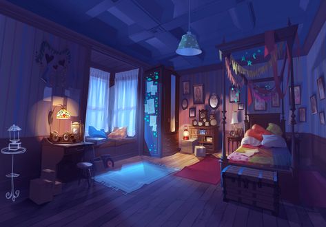 ArtStation - Supernatural City - Ellie's bedroom Room Scenery Drawing, Living Room Drawing Reference, Fantasy Bedroom Art, Bedroom Ideas Drawing, Bedroom Concept Art, Room Illustration Art, Drawing Room Concept, Nautical Drawing, Cartoon Bedroom