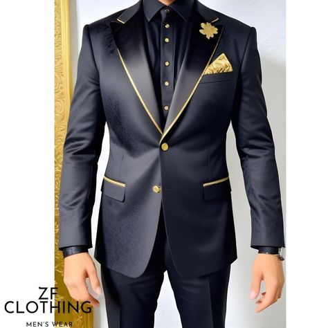 Luxury Men Suits 3 Piece  Black Floral Texture With Gold Accent Suits Wedding Party Suits Elegant Suits Formal Fashion Suits Bespoke For Men Item Include (Coat+ Vest+ Pant) Fabric:- Imported, Premium Color:- Black Texture Floral Color Lapel :- Black  Color Pants :- Black  Dry Clean Recommended The suit is for wedding, Party, Proms, and Many Occasions. We make the suit according to our Standard size chart, If you are not sure about your size/measurement,  please give your body measurement in inch Black And Gold Wedding Suits For Men, Gold And Black Suits For Men, Men Black And Gold Suit, Black Suit With Gold Tie, Black And Gold Groomsmen Attire, Black Suit With Gold Accents, Gold And Black Suit, Gold Suit Men Wedding, Black And Gold Tuxedo