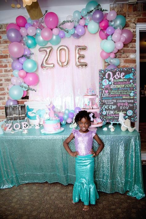 Kara's Party Ideas Shimmering Mermaid Birthday Party | Kara's Party Ideas Black Mermaid Party Decorations, Black Mermaid Birthday Party, Black Ariel Birthday Party, Black Little Mermaid Birthday Party, Black Mermaid Party, Mermaid Tail Cupcakes, Pastel Balloon Garland, Cake Mermaid, Mermaid Birthday Party Ideas