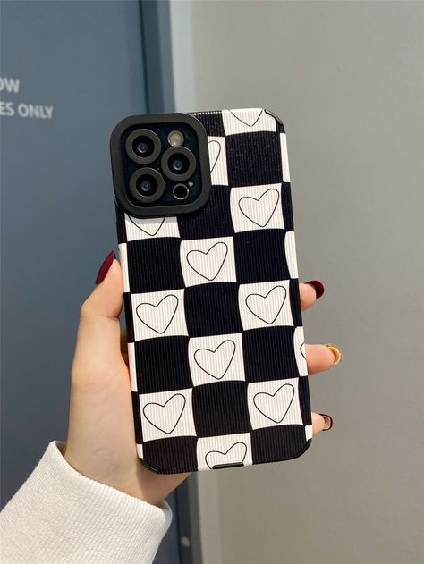 Black and White    TPU Heart Phone Cases Embellished   Phone/Pad Accessories Cute Phone Cover Drawings, Painting On Black Phone Case Aesthetic, Back Cover Design Mobile Diy, Phone Case Ideas Black And White, Phone Cases Black Aesthetic, Aesthetic Phone Case Drawing, Iphone Cover Painting Ideas, Mobile Phone Covers Diy Handmade, Cool Diy Phone Cases