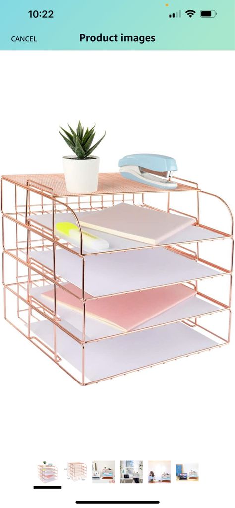 Rose Gold Desk, Paper Tray Organizer, Organizer Aesthetic, Desk File Organizer, Rose Gold Office, Gold Office, Gold Desk, Paper File, Letter Tray