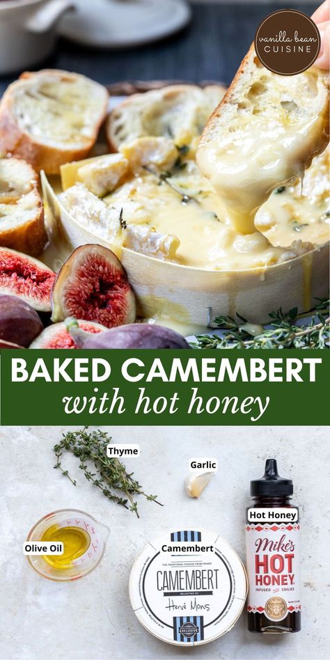 Holiday entertaining just got easier with Baked Camembert! Melty cheese infused with garlic and thyme, topped with hot honey, makes this an irresistible appetizer that takes only 5 minutes to prepare. Perfect for impressing guests with little effort. Brie And Hot Honey, Baked Brie Hot Honey, Baked In Vermont, Honey Appetizers, Honey Brie, Pecan Baked Brie, Puff Pastry Pinwheels, Cheese Recipes Appetizers, Classic French Desserts