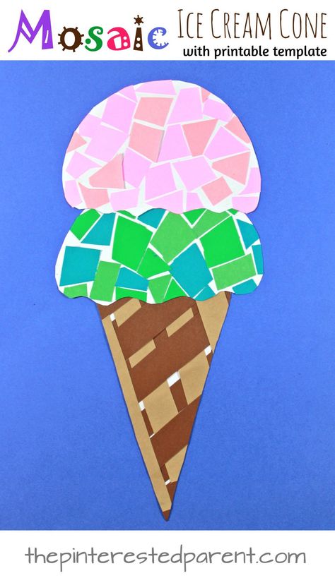 Paper mosaic ice cream cone craft with free printable template. Construction paper crafts for kids. Summer arts and crafts projects. Ice Cream Cone Craft, Ice Cream Crafts, Summer Arts And Crafts, Paper Mosaic, Arts And Crafts For Adults, Construction Paper Crafts, Arts And Crafts For Teens, Arts And Crafts House, Summer Crafts For Kids