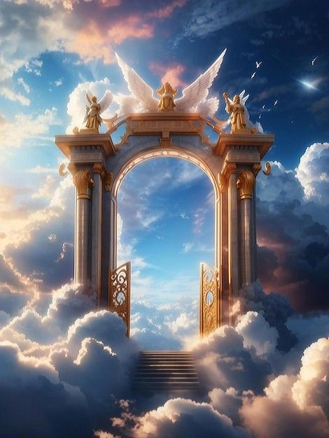 Gothic Column, Zeus Game, Heaven Gates, Angel Wings Images, Gateway To Heaven, Heaven Painting, Angel Clouds, Angel Wings Art, Human Pictures