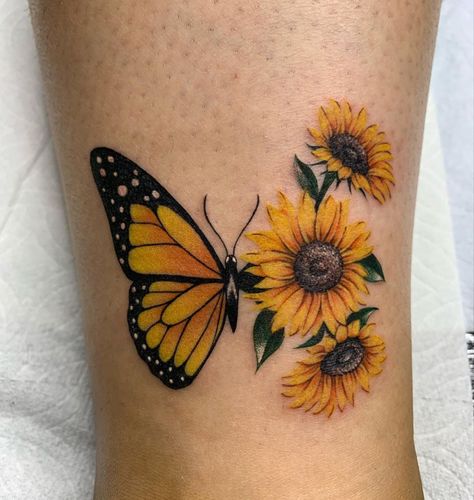 Sunflower Tattoo With Butterflies, Different Type Of Butterfly Tattoo, Cat And Crystal Tattoo, Butterfly With Sunflowers Tattoo, Thigh Music Tattoos Women, Butterfly Tattoo Sunflower, Sunflower On Shoulder Tattoo, Yellow Rose Tattoo Memorial Mom, Sunflower And Monarch Butterfly Tattoo