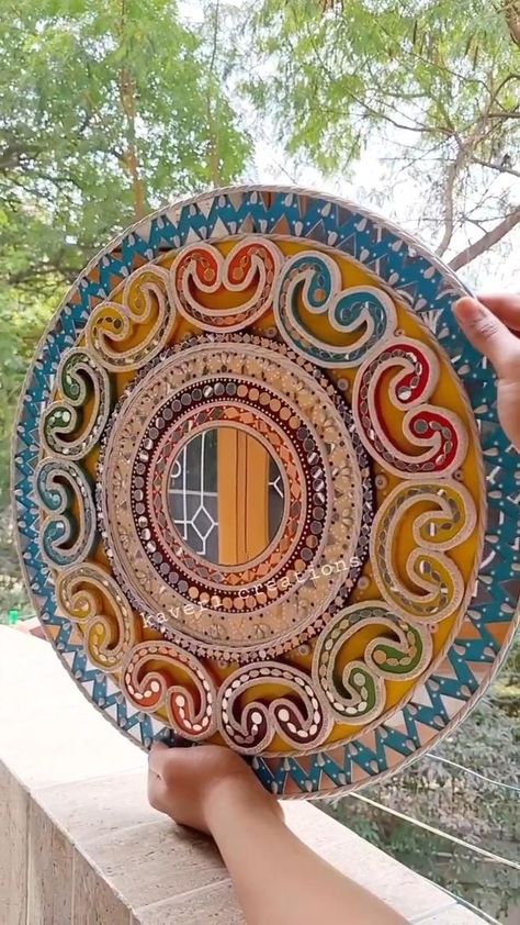 Lippan Art With Mandala Design And Mirror Work in 2022 | Mural art design, Stone art painting, Traditional wall art Painted Mirror Art, Mural Art Design, Hobby Ideas, Lippan Art, Stone Art Painting, Mandala Art Therapy, Traditional Wall Art, Clay Wall Art, Diy Wall Art Decor