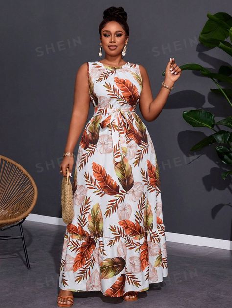 SHEIN Slayr Plus Size Women's Plant Print Crew Neck Twist Ruffle Hem Sleeveless Dress | SHEIN USA Modest Dresses Casual Classy, Materials Gown Style, Plus Size Fashion Dresses, Wedding Guest Outfit Ideas, Island Dress, Color Blocking Outfits, Modest Dresses Casual, Nice One, Gown Style