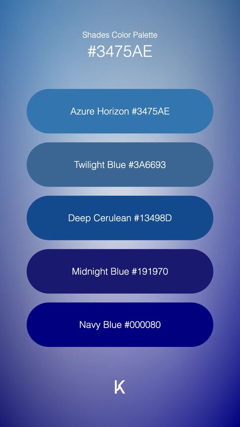 Shades Color Palette Azure Horizon #3475AE · Twilight Blue #3A6693 · Deep Cerulean #13498D · Midnight Blue #191970 · Navy Blue #000080 Twilight Blue, Hex Color Palette, Ocean Mist, Colour Pallets, Light Aqua, Hex Colors, Color Pallets, Unique Colors, Color Trends