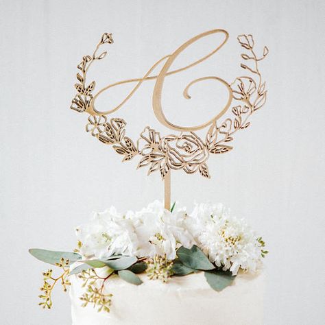 Custom Cake Topper Floral Monogram Wedding Cake Topper-Laser Rustic Favors, Cake Topper Wedding Monogram, Monogram Wedding Cake, Church Catholic, Wedding 101, Floral Cake Topper, Monogram Cake Toppers, Wedding Hacks, Wedding Cake Tops