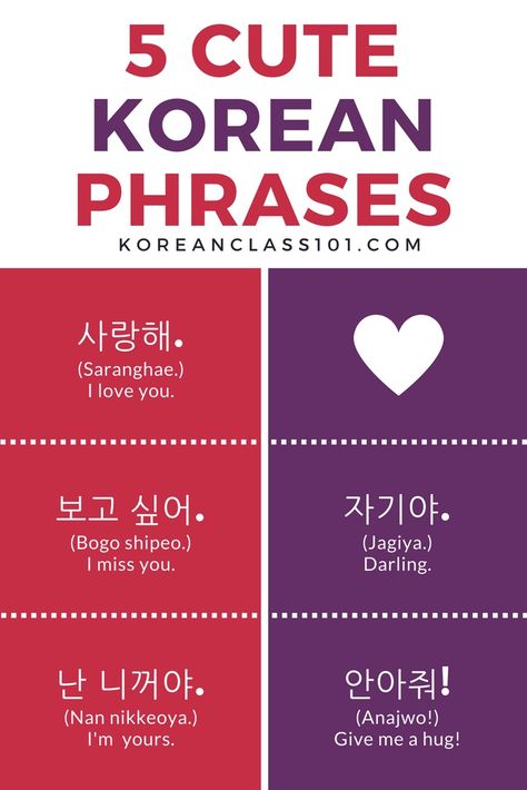 5 cute korean phrases - 5 frases fofas em coreano I love you - eu te amo I miss you - estpu com saudades  I'm yours - eu sou seu (sua) Darling - querida Give me a hug - me dê um abraço My Love In Korean, Cute Korean Phrases, Huruf Hangeul, Learning Korean Grammar, Learn Basic Korean, Bahasa China, Learn Korean Alphabet, Easy Korean Words, Learn Hangul