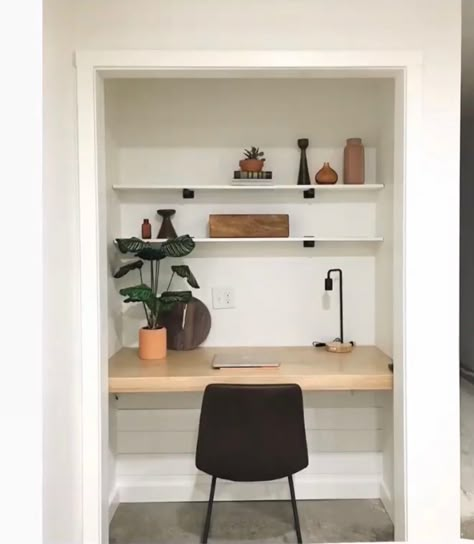 Convert closet into desk area (my mom did this 30 years ago!) Closet Desk Conversion, Mudroom Desk Area, Converted Closet To Office, Hidden Desk In Closet, Closet Converted To Desk, Small Closet Desk Ideas, Converting Closet To Office, Closet Conversion Ideas Built Ins, Small Desk Area Ideas