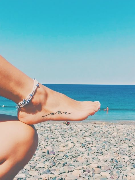 Beachy Tattoos, Wave Tattoo, Palm Tattoos, Foot Tattoos For Women, Shape Tattoo, Small Girl Tattoos, Beach Tattoo, Tattoo Girls, Waves Tattoo