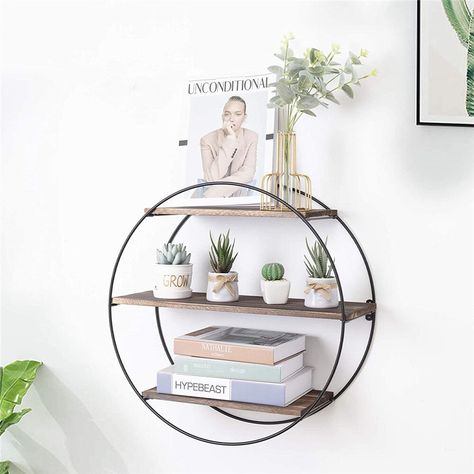 Circle Wall Shelf, Wood And Metal Shelves, Round Wall Shelves, Hanging Storage Shelves, Circle Shelf, Shelf Industrial, Round Shelf, Kitchen Wall Shelves, Wall Display Shelves