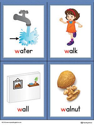 The Letter W Words and Pictures Printable Cards can be used for flashcards, various games, and help your student associate unfamiliar words with a picture. Colorful picture cards for the words: water, walk, wall, and walnut. Letter Sound Picture Cards Free, Alphabet Word Wall Cards, Alphabet Word Wall, Jolly Phonics Activities, Color Worksheet, Letter Sound Activities, Alphabet Crafts Preschool, W Letter, Z Cards