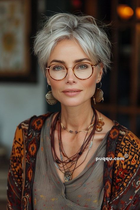 Pixie Boho Hair, Gray Hair And Glasses Over 50, Boho Pixie Hair, Kratka Kosa, Grey Hair And Glasses, Haircut Gray Hair, Haircuts Trendy, Grey Hair Looks, Gray Hair Pixie Cuts