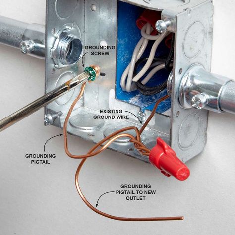 Remember to Ground the Conduit - In an EMT wiring system, the metal conduit… Box Extension, Conduit Bending, Home Electrical Wiring, Electrical Conduit, House Wiring, Electrical Work, Electrical Projects, Diy Electrical, Garage Lighting