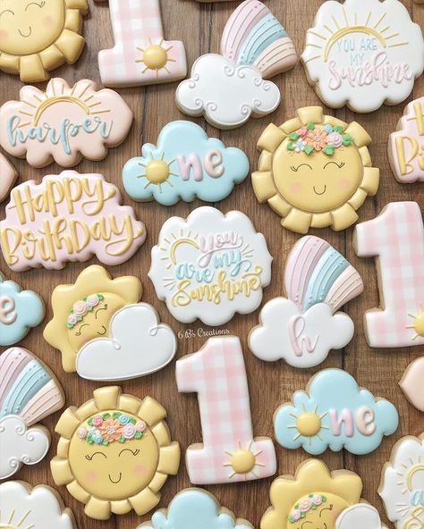 You are my Sunshine cookies for a first birthday!! These cookies were so special to make because they were for a friend of mine from junior… Sunshine Birthday Cakes, Sunshine Cookies, Sunshine First Birthday, First Birthday Cookies, Sunshine Birthday Parties, Rainbow First Birthday, Cookies Ideas, 1st Birthday Cakes, Sunshine Birthday