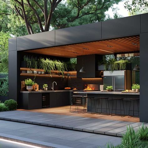 10+ Must-See Outdoor Kitchen Designs for the Modern Home • 333+ Art Images Summer Kitchens, Outdoor Cooking Spaces, Modern Outdoor Kitchen, Outdoor Bbq Kitchen, Outdoor Kitchen Ideas, Backyard Designs, Backyard Kitchen, Outdoor Kitchen Patio, Modern Backyard