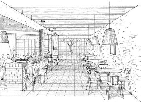 Cafe Design Drawing, Restaurant Drawing Sketch, Sketch Interior Design, Restaurant Sketch, Cafe Drawing, Sketch Restaurant, Interior Architecture Sketch, Interior Design Sketchbook, Perspective Sketch