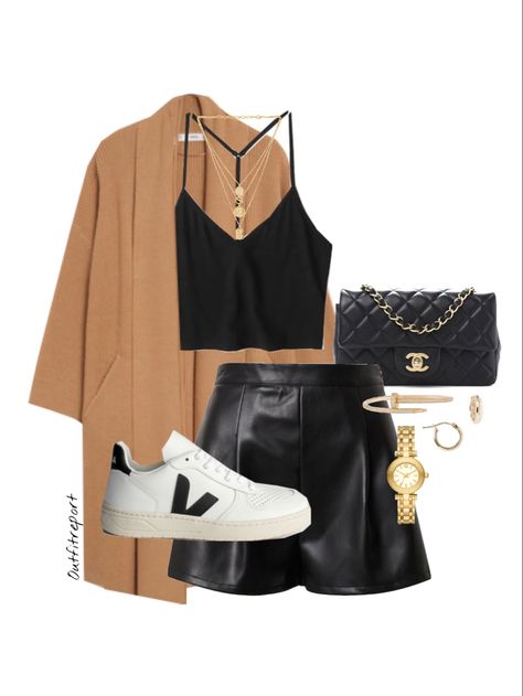 Leather Shorts Outfit With Sneakers, Leather Shorts Sneakers Outfit, Leather Shorts And Sneakers Outfit, Camel Shorts Outfit, Brown Leather Shorts Outfit, Faux Leather Shorts Outfit, Black Leather Shorts Outfit, Brown Shorts Outfit, Night Dinner Outfit