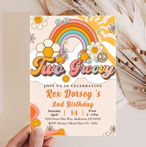 Two Groovy Retro Floral First Birthday Invitation #groovybirthday #70sbirthday #retrobirthday #groovyinvitations #hippiebirthday #70sparty #discotheme #faroutparty #70sbash #vintagebirthday 4 Ever Groovy Birthday, Fourever Groovy Birthday Party, Fourever Groovy, Wild And Three Party, Four Ever Groovy, Third Birthday Girl, Groovy Birthday Party, Groovy Party, Young Wild And Three