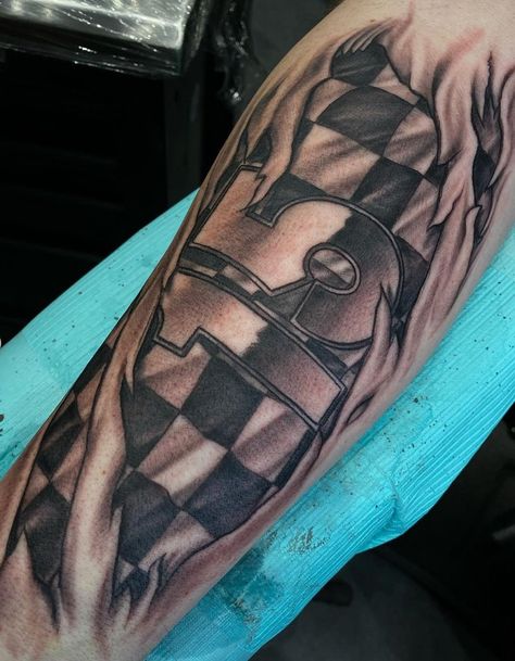 Racing Inspired Tattoos, Checkered Flag Tattoo, Chris Tattoo, Ripped Skin Tattoo, Racing Tattoos, Late Model Racing, Flag Tattoo, Checkered Flag, Tat Ideas