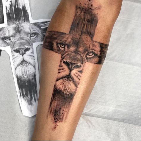 30+ Lion Tattoo Design Ideas - The XO Factor Lion And Cross Tattoo, Lion Cross Tattoo, Cross Tattoo Ideas, Lion Hand Tattoo, Lion Forearm Tattoos, Catrina Tattoo, Christian Sleeve Tattoo, Lion Tattoo Sleeves, Wolf Tattoo Sleeve