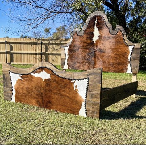 Painted Wood Headboard Ideas, Cowhide Bed Frame, Cowhide Headboard, Western Bed Frame Rustic Bedrooms, Western Diy Bed Frame, Western Headboard, Cowhide Ideas, Western Full Bed, Western Rooms Beds & Bed Frames