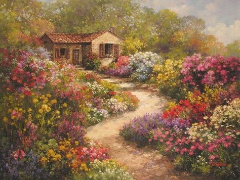 spring painting flower garden art Drawing For Canvas, Lovely Paintings, Scenes To Paint, Landscape Art Quilts, Spring House, Oil Painting Inspiration, Garden Drawing, Summer Painting, Landscape Photography Nature