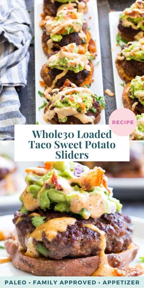 These sweet potato sliders are loaded with goodies! Taco-seasoned mini burger patties over roasted sweet potato “buns” topped with an easy guacamole, chipotle ranch and crumbled bacon. Perfect as an appetizer, party food or a fun meal! Paleo and Whole30 compliant, family approved! Taco Sweet Potato, Guacamole Chipotle, Potato Sliders, Sweet Potato Sliders, Potato Buns, Mini Hamburger, Sweet Potato Buns, Chipotle Ranch, Dessert Vegan