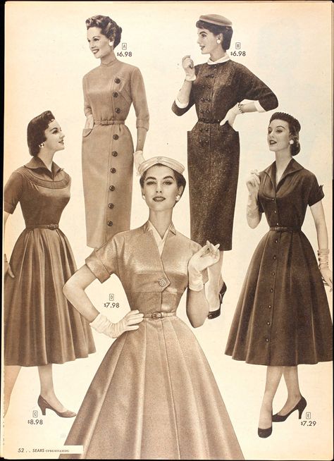 Sears & Roebuck Fall 1955 (must have hat and gloves when dressing up) Nancy Berg front and center 1940s Winter Dress, 1964 Dress, 70s Fits, Clybourne Park, 1950s Gloves, Vintage Outfits Pants, Feminine Winter, Outfits Faldas, Outfits With Gloves