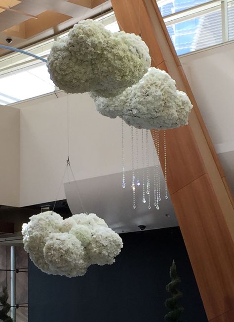 Hydrangea Clouds with crystal rain at Aria Las Vegas Lobby Cloud Flower Arrangement, Cloud 9 Wedding Theme, Hydrangea Cloud, Floral Clouds, Restaurant Window, White Hydrangea Wedding, Floral Cloud, Aria Las Vegas, Bo Concept