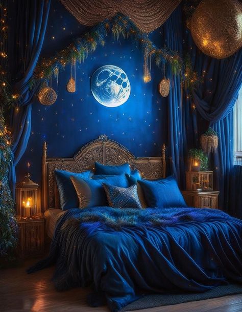 Create a super soothing and peaceful blue witchy-themed bedroom with calming blues and mystical decor for a dreamy escape. Greece Room Ideas, Minimalist Whimsical Bedroom, Disney Room Ideas For Adults Diy, Black And Blue Room Ideas, Blue Led Room, Avatar Themed Room, Magical Bedroom Ideas For Adults, Calming Blue Bedroom, Underwater Theme Bedroom