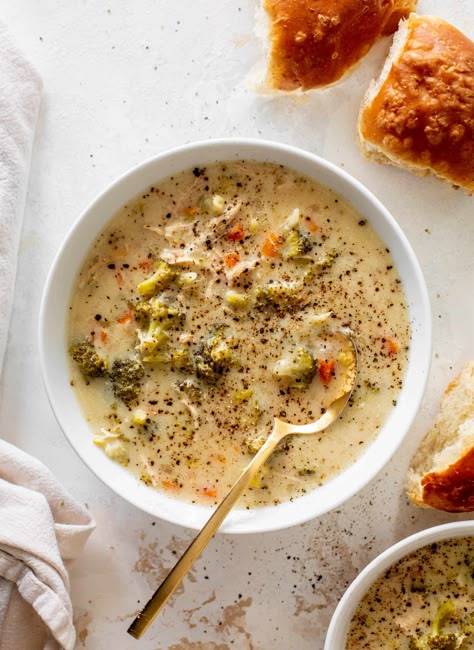 Creamy Chicken and Broccoli Soup Chicken And Broccoli Soup, Creamy Chicken And Broccoli, Chicken Broccoli Soup, Broccoli And Chicken, Soup Creamy, Creamy Chicken Soup, Chicken And Broccoli, Broccoli Soup, Broccoli Cheddar Soup