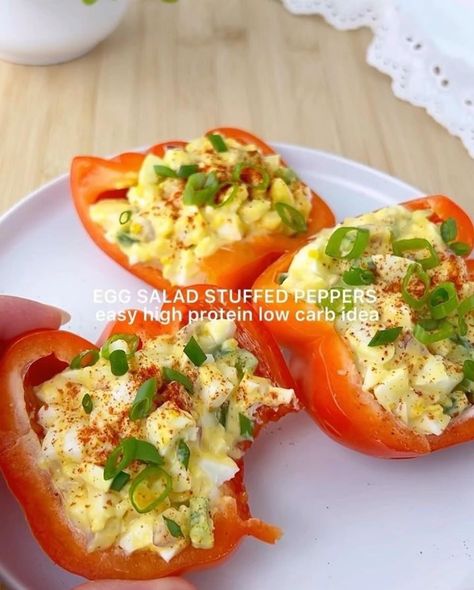 egg salad stuffed peppers 🥰⁣ ⁣ 💫for the egg salad:⁣ 3 hard boiled eggs⁣ 1 small jalapeño, chopped & seeded⁣ 2tb red onion, chopped ⁣ 1tsp red wine vinegar ⁣ 1tb mayo⁣ 1tsp dijon mustard⁣ salt & pepper to taste⁣ ⁣ separate the egg yolks from the egg whites and combine the yolks with the rest of the ingredients. ⁣ chop the egg whites and add to the mixture.⁣ serve on bell peppers, rice cakes or your favorite crackers.⁣ add a sprinkle of paprika and green onions if desired.⁣ ⁣ enjoy! 🫶⁣ ⁣ easy h... Egg Salad Bell Pepper Boats, Egg Salad Pepper Boats, Egg Mayo Salad, Egg Salad Stuffed Peppers, Easy Stuffed Peppers, Egg Yolks, High Protein Low Carb, Wine Vinegar, Egg Salad