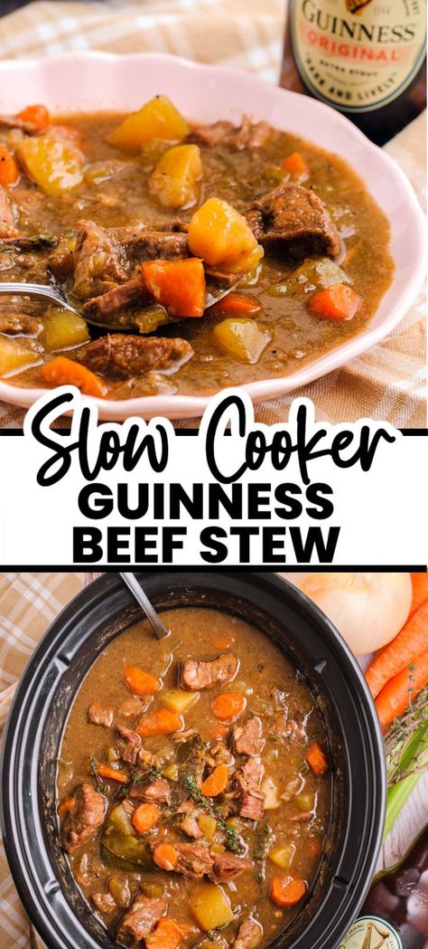 Crockpot Irish Guinness Beef Stew - A classic Irish beef stew with a Guinness base, packed with potatoes, carrots, and tender slow-cooked beef. Full of fresh herbs, this stew evokes a feeling of true comfort on cold winter nights. | www.persnicketyplates.com Irish Stew Crockpot, Slow Cooker Guinness Beef Stew, Irish Beef Stew Crockpot, Irish Guinness Beef Stew, Guiness Stew, Slow Cooker Irish Beef Stew, Guinness Beef Stew Slow Cooker, Beef And Guinness Stew, Beef And Ale Stew