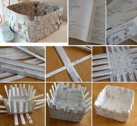 Romantic Diy, Paper Bin, Basket Weaving Diy, Magazine Crafts, Paper Weaving, Newspaper Crafts, Wrapping Gifts, Diy Basket, Paper Basket