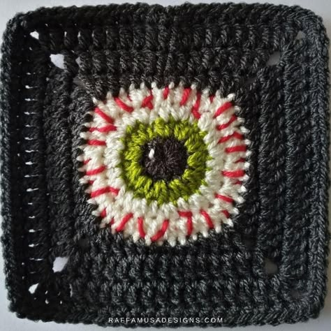 Halloween Eye Granny Square Halloween Granny Square, Eye Granny Square, Square Crochet Pattern, Halloween Crochet Patterns, Crochet Design Pattern, Crochet Square Patterns, Granny Squares Pattern, Fun Crochet Projects, Crochet Granny Square