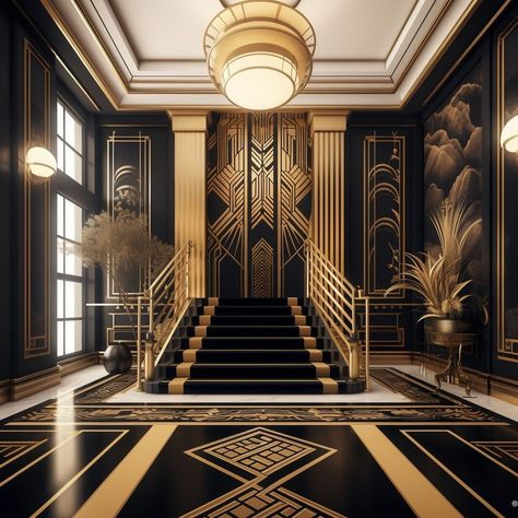 Experience the glamour of the Art Deco era with our stunning designs. Our structures feature elegant shapes and intricate details… | Instagram Stairs Art Deco, Gatsby Style Interior, 1920s Design Interior, Luxury Art Deco Interior, Art Deco Aesthetic Interior, Art Deco Stage Design, 1920s Aesthetic Decor, Art Deco Details, Metal Decoration Ideas